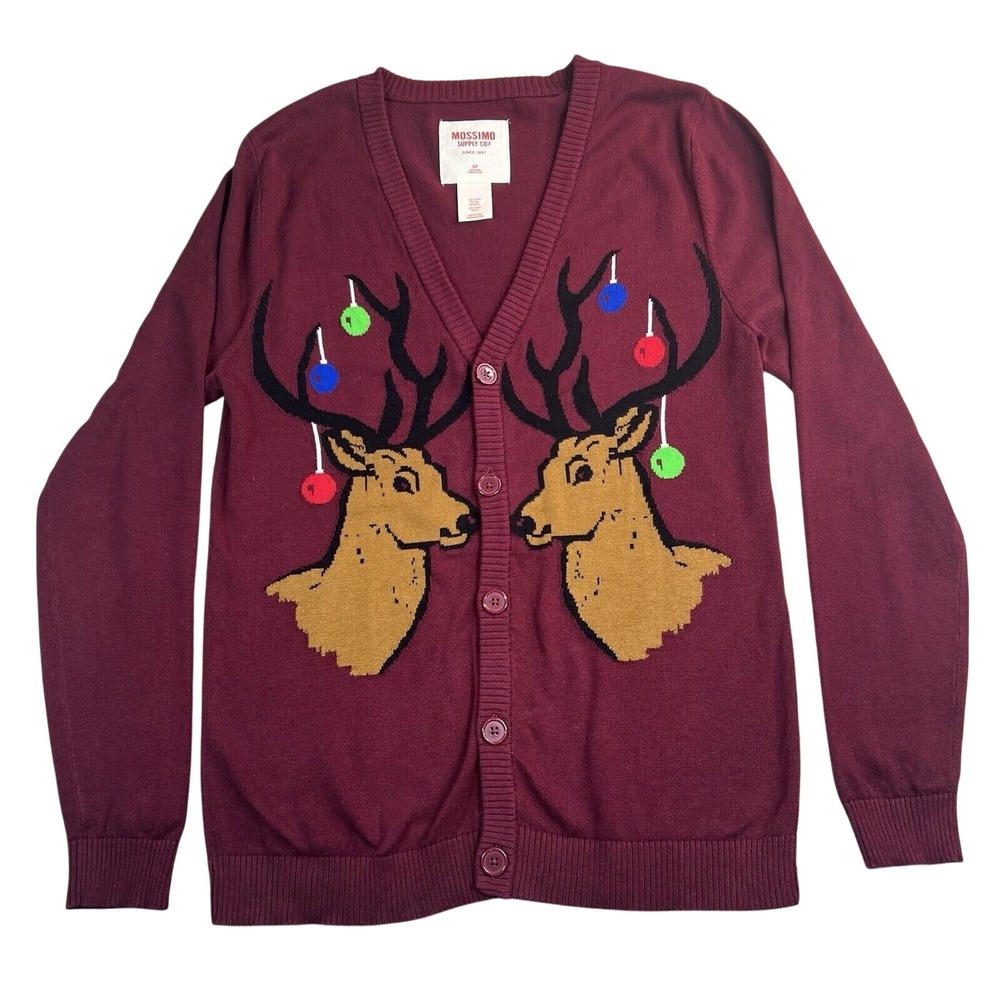 Mossimo‎ Sweater Adult Small Burgundy Reindeer Novelty Ugly Christmas Cardigan